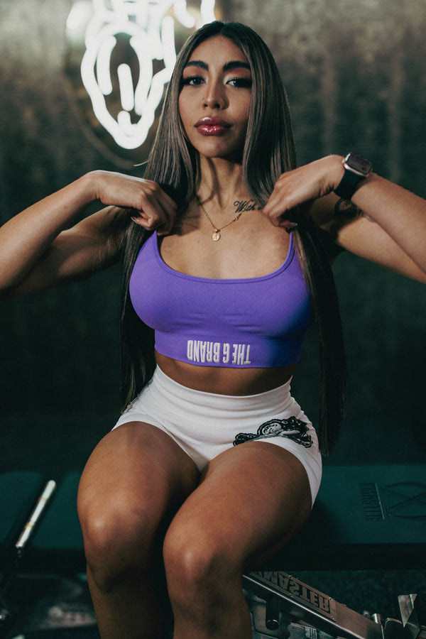 SKULL CROSS BACK SPORTS BRA! (PURPLE)